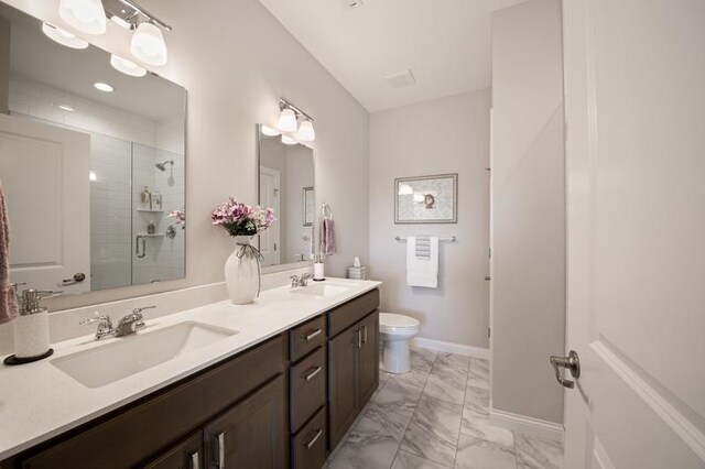 bathroom with vanity, toilet, and walk in shower