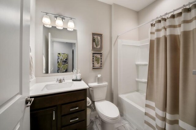 full bathroom with vanity, toilet, and shower / bathtub combination with curtain