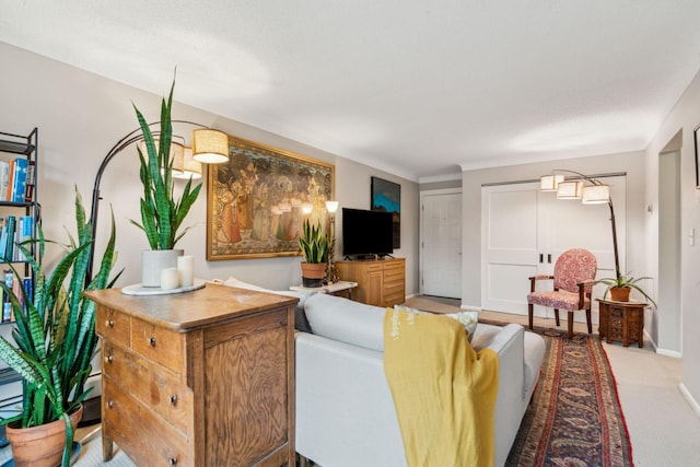 living room featuring light colored carpet