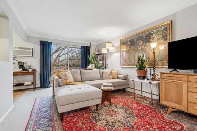 carpeted living room featuring a wall mounted AC and a baseboard heating unit