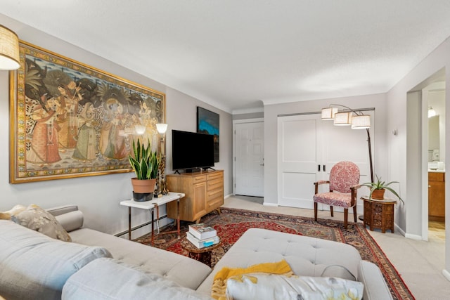 carpeted living room with a baseboard radiator