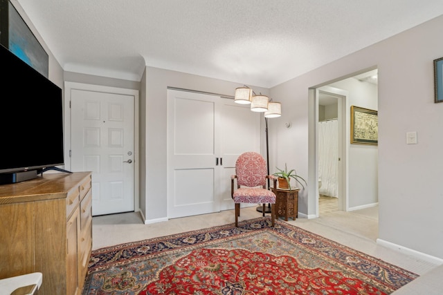 living area featuring light carpet and a textured ceiling