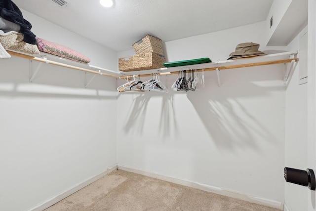 walk in closet featuring light carpet