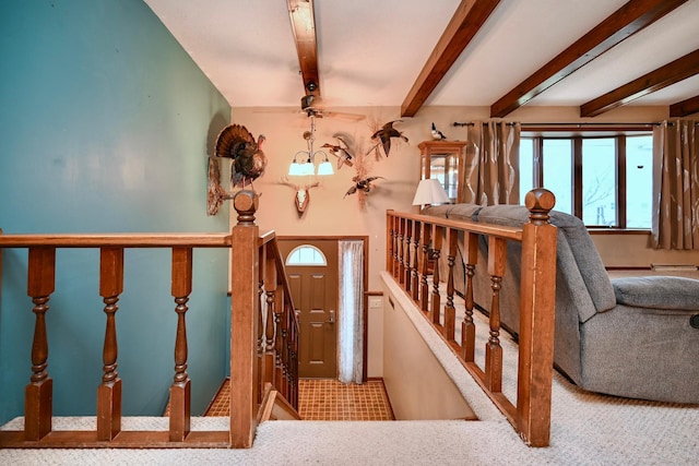 stairs featuring beam ceiling and carpet floors