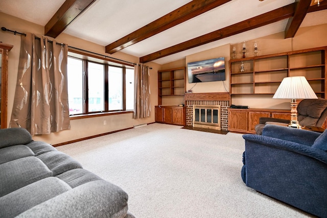 carpeted living room with a fireplace and vaulted ceiling with beams