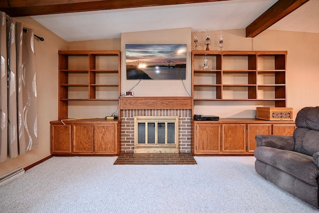 unfurnished living room with light carpet, lofted ceiling with beams, a brick fireplace, and baseboard heating