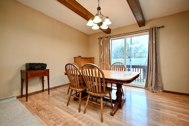 dining space featuring vaulted ceiling with beams, light hardwood / wood-style floors, a baseboard radiator, and a notable chandelier