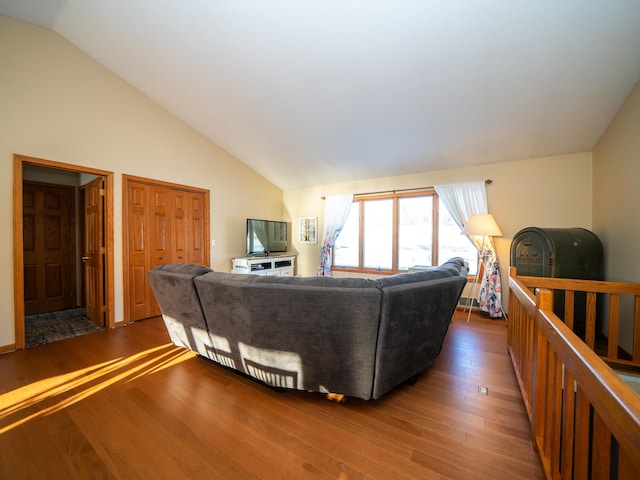 living room with dark wood-type flooring and lofted ceiling