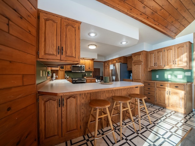 kitchen with sink, kitchen peninsula, lofted ceiling, a kitchen bar, and appliances with stainless steel finishes