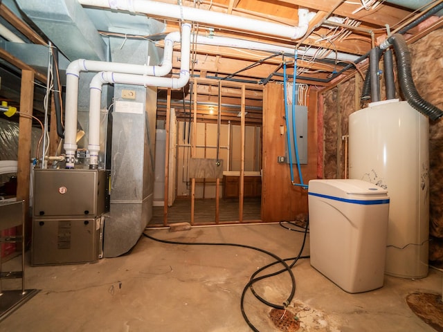 basement with electric panel and heating unit