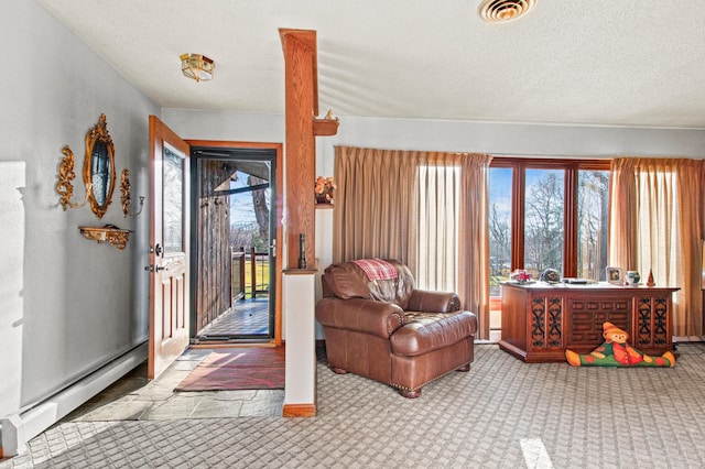 entryway with light carpet, a healthy amount of sunlight, and a textured ceiling