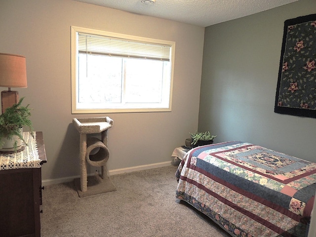 carpeted bedroom with a textured ceiling