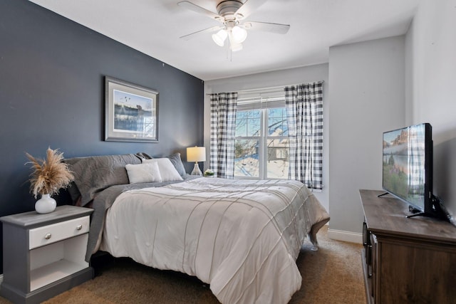 bedroom with ceiling fan and dark colored carpet