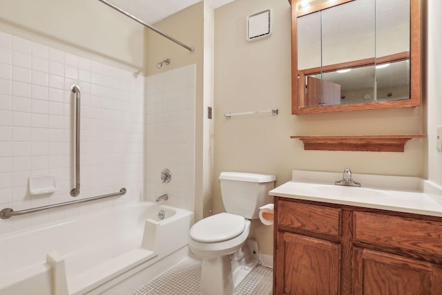 full bath featuring toilet, shower / washtub combination, tile patterned flooring, and vanity