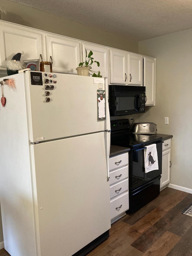 kitchen with white cabinetry, dark hardwood / wood-style flooring, black appliances, and a textured ceiling