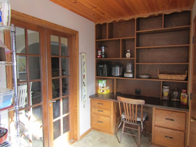 office area with wooden ceiling and french doors