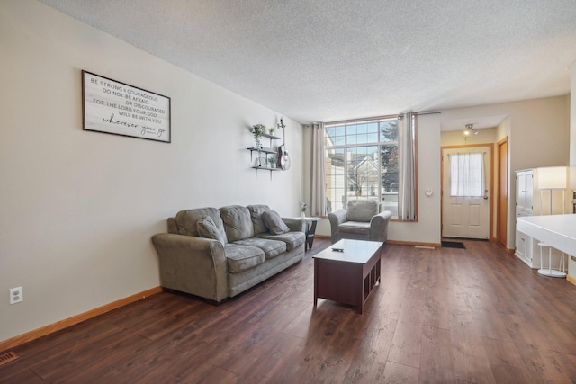 living room with dark wood-type flooring and a textured ceiling