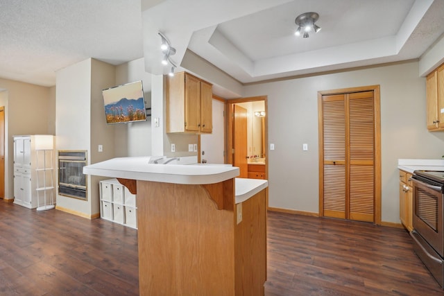 kitchen with a breakfast bar, electric range, a tray ceiling, dark hardwood / wood-style flooring, and kitchen peninsula