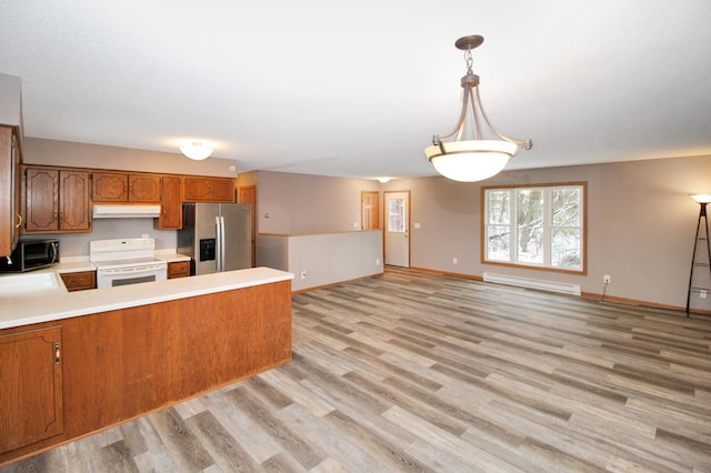 kitchen featuring white stove, stainless steel refrigerator with ice dispenser, hanging light fixtures, a baseboard radiator, and light hardwood / wood-style floors