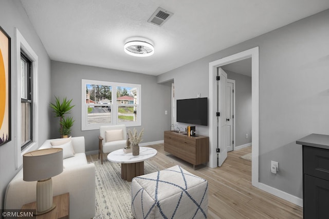 living room featuring a textured ceiling and light hardwood / wood-style flooring