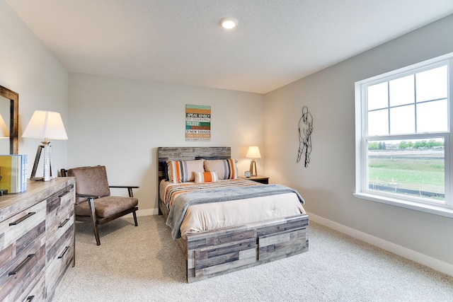 bedroom with light carpet, baseboards, and a textured ceiling