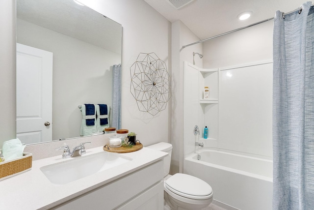 full bathroom with visible vents, vanity, toilet, and shower / bathtub combination with curtain