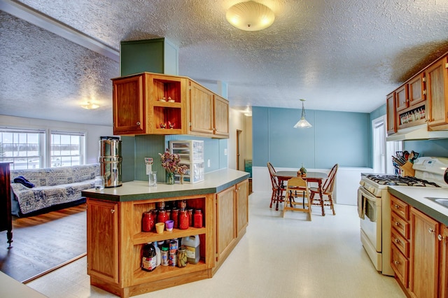 15331 129th Ave, Wadena, MN 56482 - kitchen featuring open shelves, white range with gas cooktop, a textured ceiling, light flooring, and a kitchen island