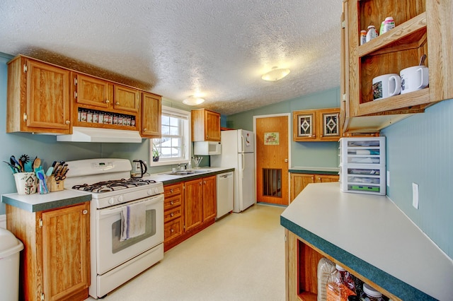 15331 129th Ave, Wadena, MN 56482 - kitchen featuring white appliances, under cabinet range hood, open shelves, a textured ceiling, and a sink