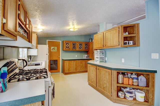 15331 129th Ave, Wadena, MN 56482 - kitchen featuring gas range gas stove, open shelves, a textured ceiling, vaulted ceiling, and brown cabinetry