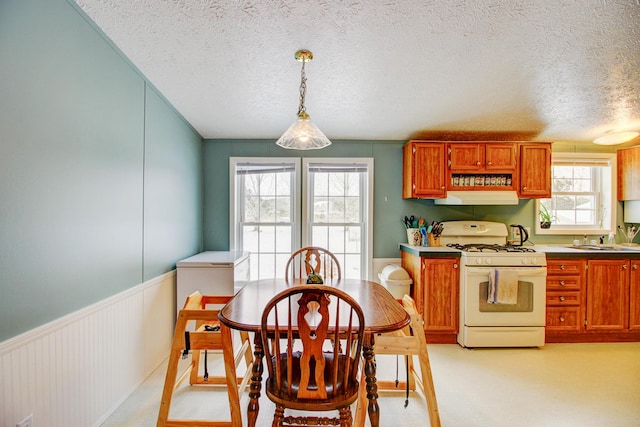 15331 129th Ave, Wadena, MN 56482 - kitchen with white range with gas stovetop, under cabinet range hood, a textured ceiling, a sink, and pendant lighting