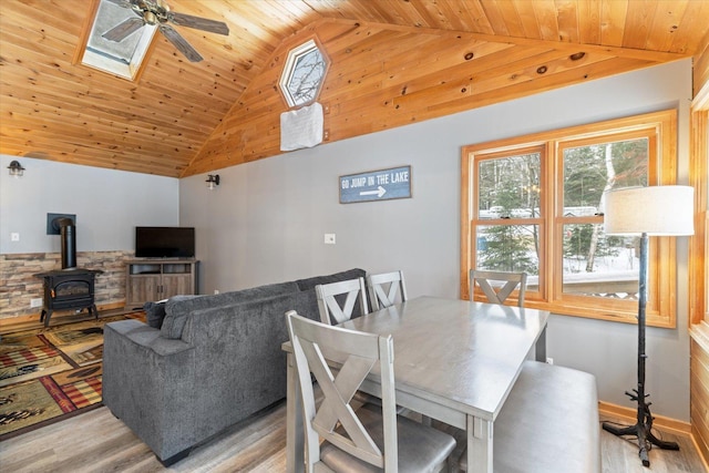 dining room with a skylight, wood ceiling, ceiling fan, light hardwood / wood-style flooring, and a wood stove