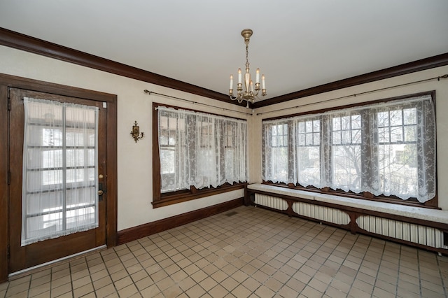 unfurnished sunroom featuring radiator and a notable chandelier