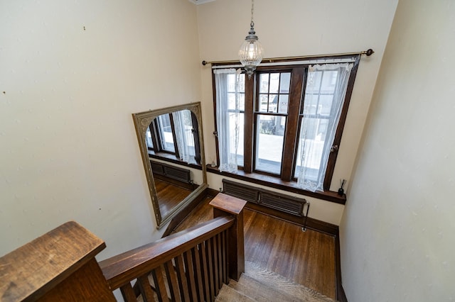 staircase featuring radiator heating unit, a notable chandelier, and wood finished floors