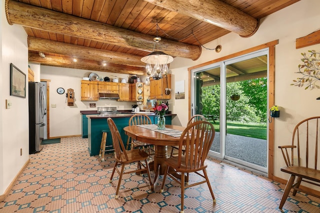 dining area featuring beamed ceiling, baseboards, wood ceiling, and a chandelier