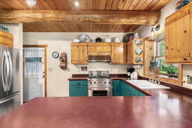 kitchen featuring a sink, under cabinet range hood, appliances with stainless steel finishes, dark countertops, and wooden ceiling