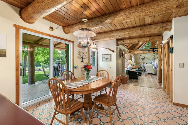 dining room featuring tile patterned floors, beamed ceiling, a notable chandelier, and wooden ceiling