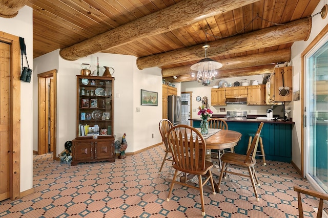 dining space with baseboards, beam ceiling, a chandelier, and wooden ceiling