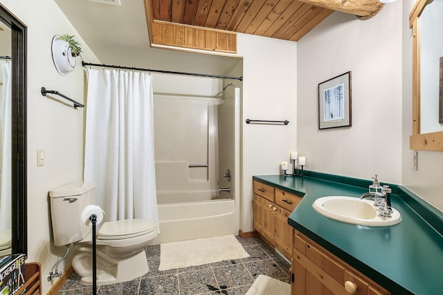 bathroom with vanity, toilet, wood ceiling, and shower / tub combo