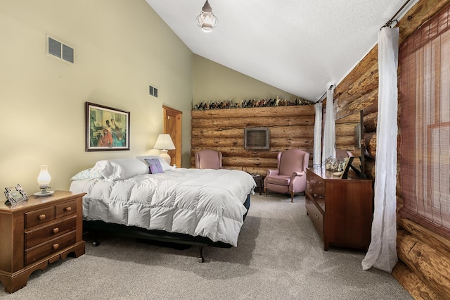 carpeted bedroom featuring high vaulted ceiling, visible vents, and rustic walls