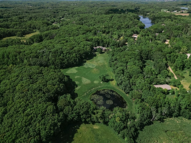 bird's eye view featuring a view of trees and a water view