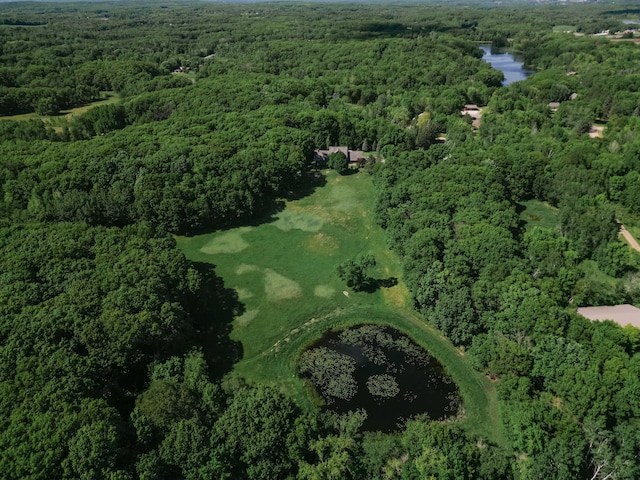 drone / aerial view featuring a forest view and a water view