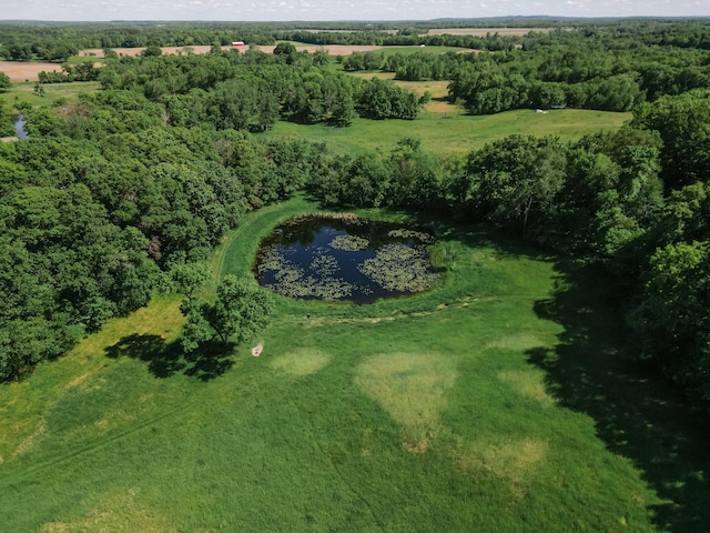 aerial view with a water view and a wooded view