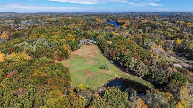 birds eye view of property featuring a water view and a view of trees