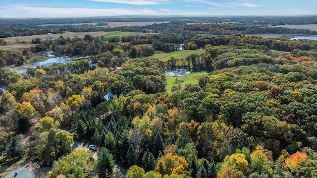 drone / aerial view featuring a view of trees and a water view