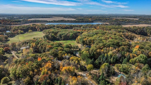 drone / aerial view featuring a view of trees and a water view