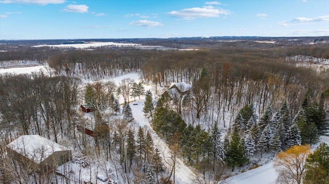 snowy aerial view featuring a wooded view