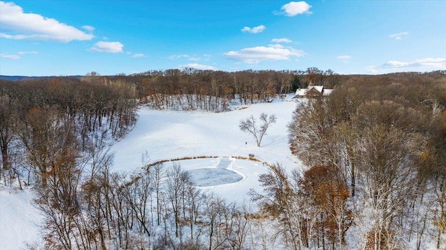 snowy aerial view with a forest view