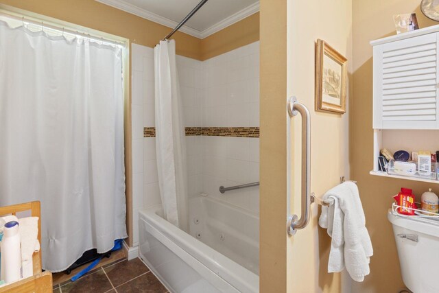 bathroom featuring tile patterned flooring, shower / bath combo with shower curtain, and crown molding