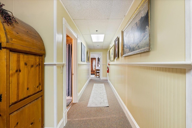 hall featuring carpet flooring and a paneled ceiling