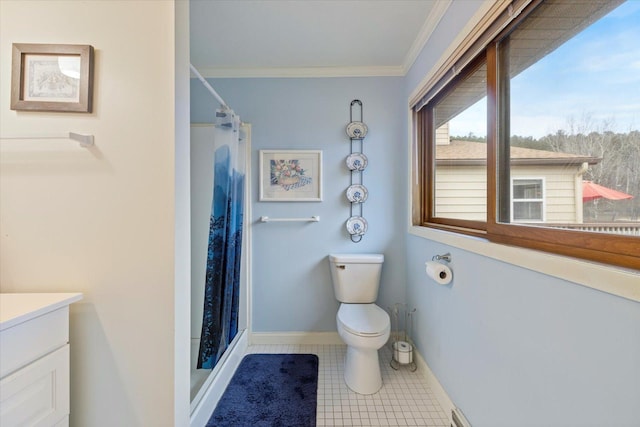 bathroom featuring a shower with shower curtain, ornamental molding, vanity, tile patterned flooring, and toilet